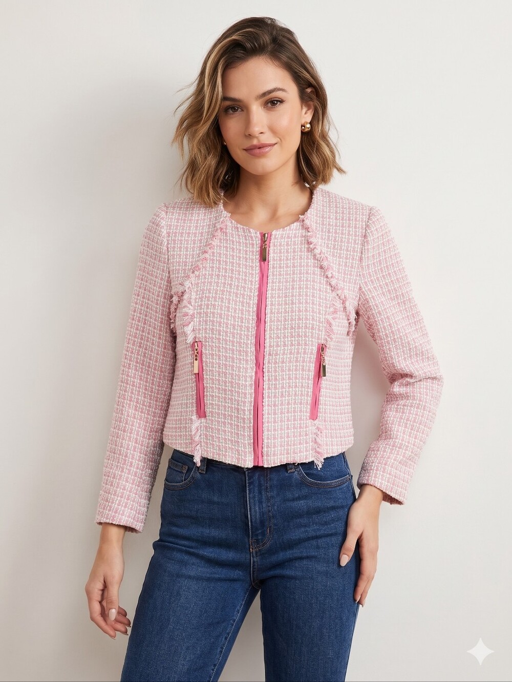 Magnolia Pink Bouclé Tweed Jacket Zip-Front Blazer